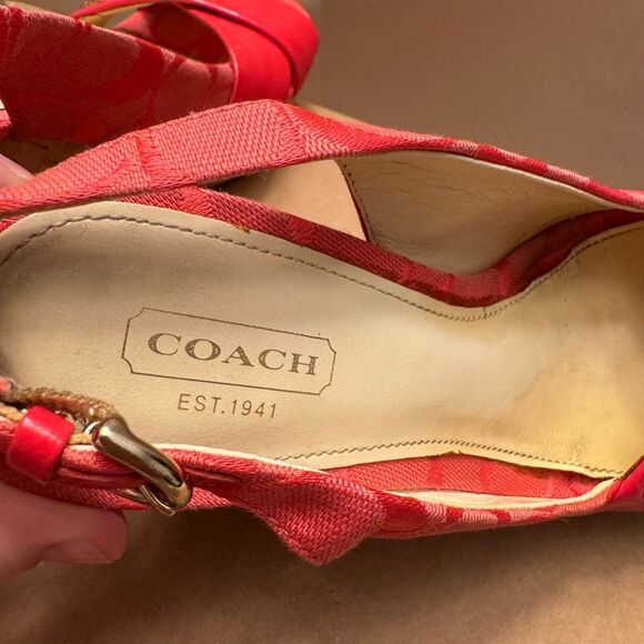 Coach Coral Orange Peep Toe Slingback Wedge Sandals 6.5 Cork Patent leather Logo - Picture 6 of 14
